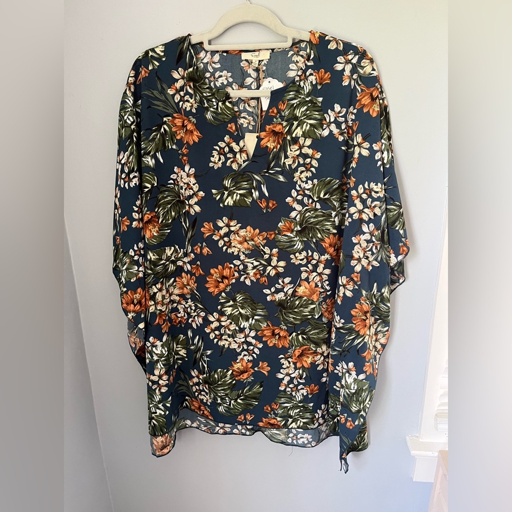 Navy Floral‎ V-Neck Blouse poncho style v-neck hi- low, bohemian,